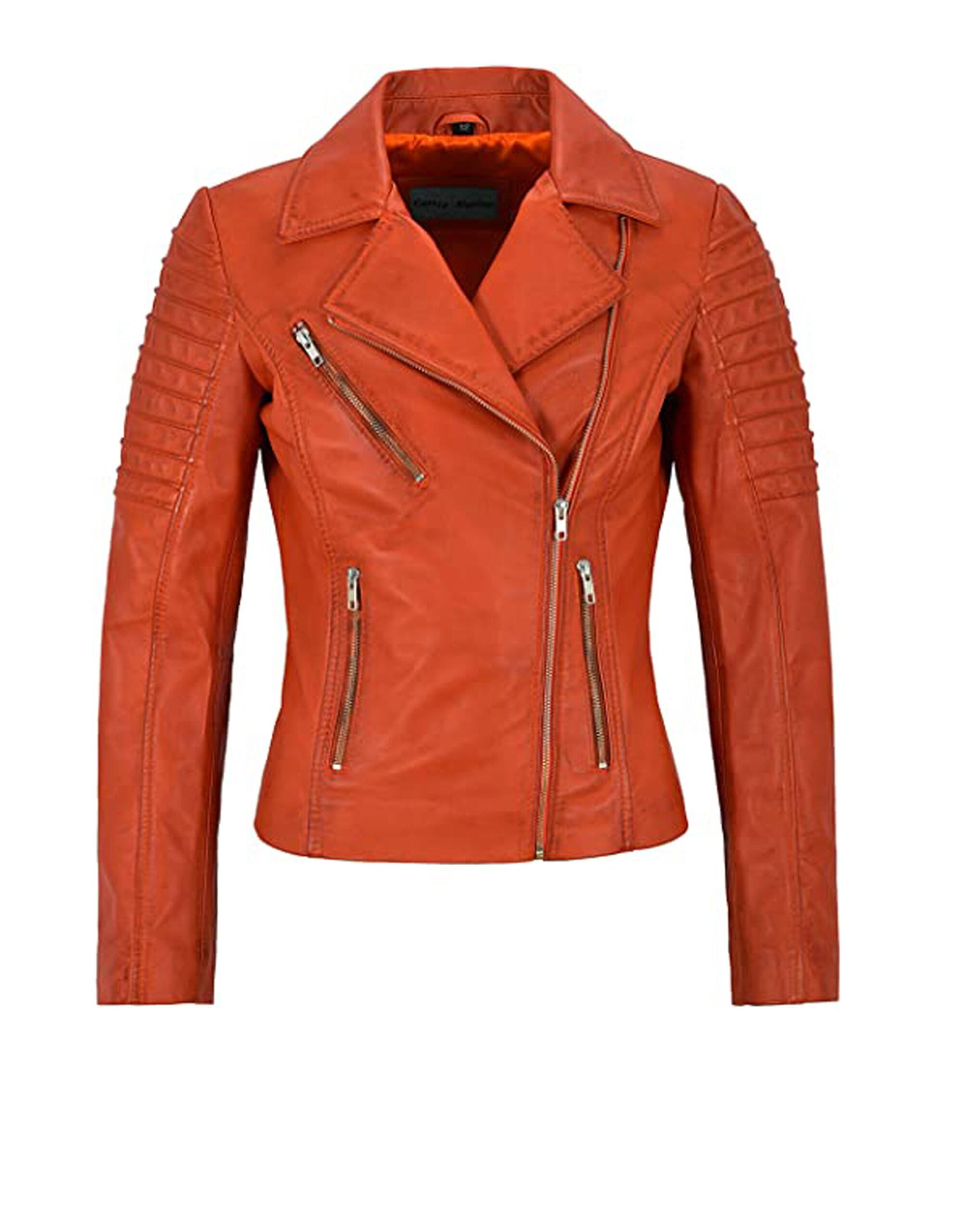 Women’s red waxed sheepskin leather biker motorcycle jacket with zip closure